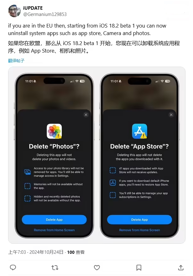 墨玉苹果手机维修分享iOS 18.2 支持删除 App Store 应用商店 