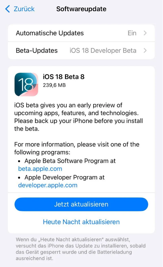 墨玉苹果手机维修分享苹果 iOS / iPadOS 18 开发者预览版 Beta 8 发布 